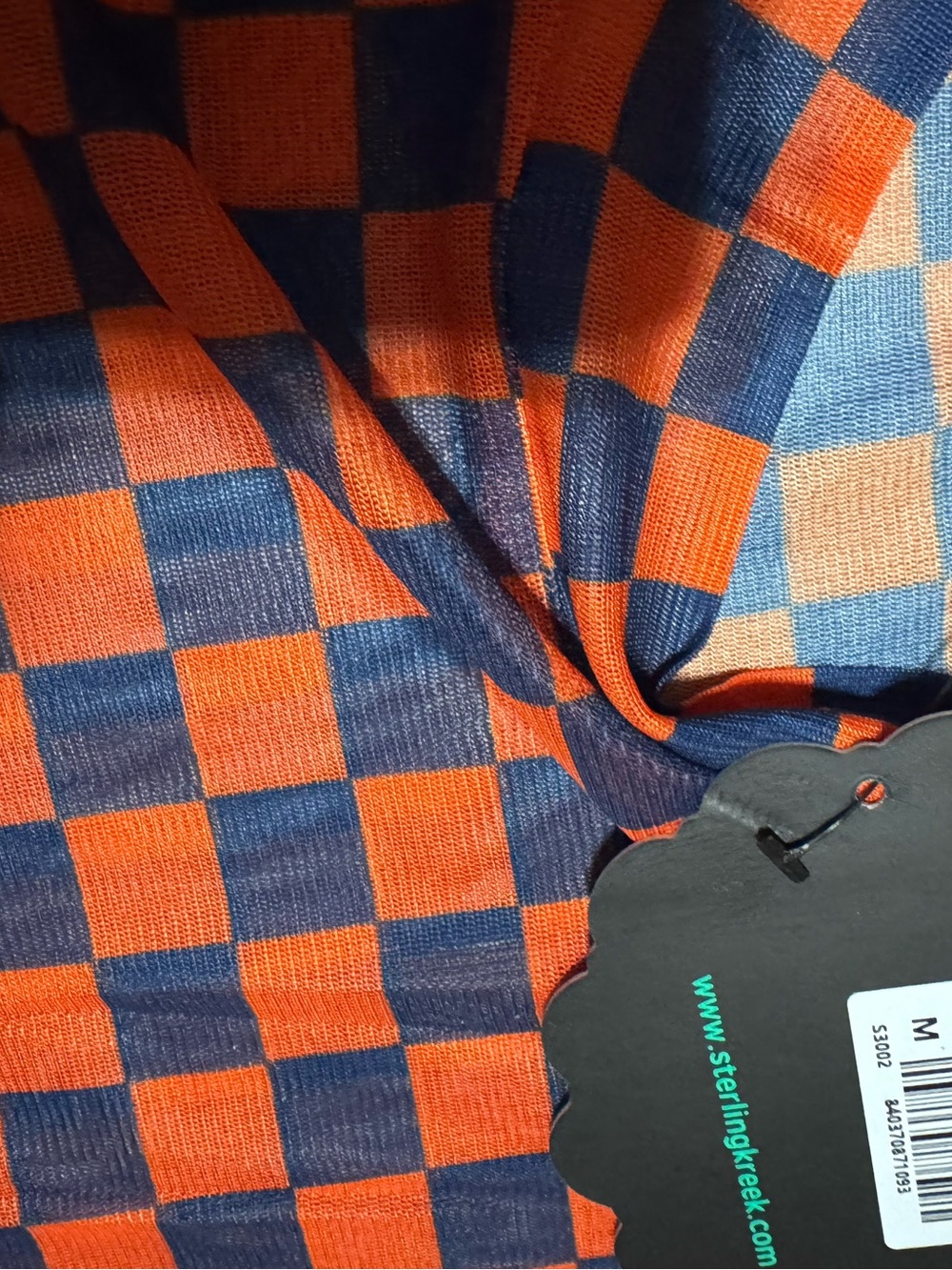 Sterling Kreek mesh layering top NWT orange and navy checkered size medium - Picture 4 of 4
